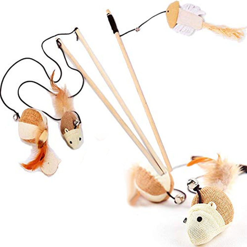 Carykon Set of 3 Natural Sisal Wand Teasers Exerciser for Cat Kitten with Mouse/Pumpkin/Fish Toy, Bell Feather Elastic String Sturdy Wood Rod-Toy for Cat - Image 1
